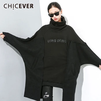

CHICEVER Korean Patchwork Letter Print Dress For Women Turtleneck Batwing Sleeve Asymmetrical Mini Female Dresses 2020 Autumn