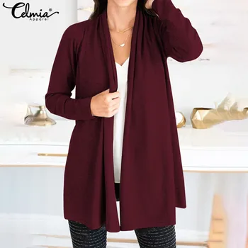 

2020 Celmia Women Cardigan Autumn Winter Jumper Kimono Long Sleeve Tops Elegant Knitted Outerwear Sweaters Plus Size Pull Femme