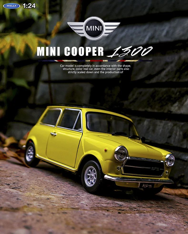 Modellauto Mini Cooper 1300 gelb schwarz WELLY 1:60  NEU OVP Spielzeugauto 