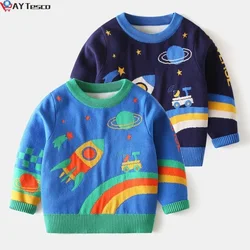 Inverno bebê menino roupas dos desenhos animados malha camisola padrão espaço manga longa o pescoço grosso azul pulôver topos para crianças 2 7y