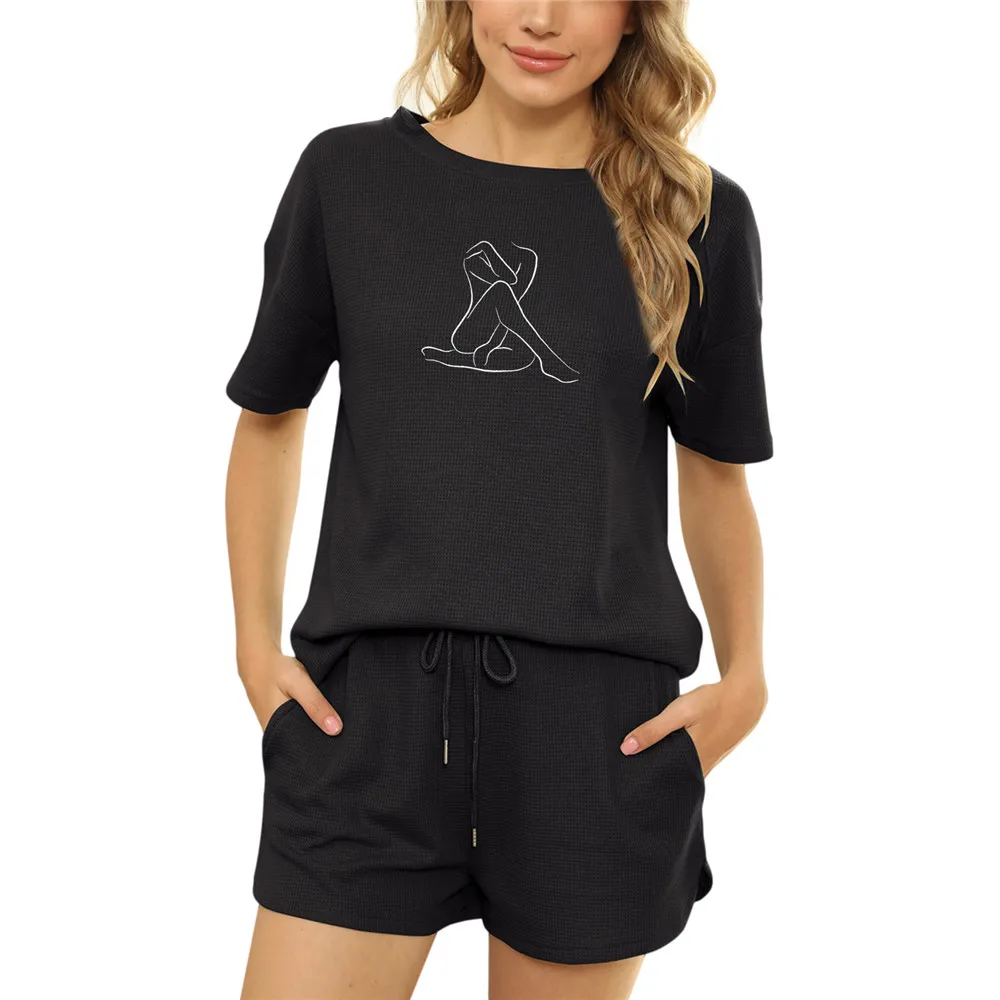 

Suit for Summer Shorts and Top Women Two-piece Shorts 2 Peice Set Women Matching Sets Line Printed Aesthetic Pullover T-shirts