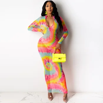 

2020 New mesh printed colorful see through beach Maxi dress cover up sexy women bikini swimwear bathing suit cover ups beachwear