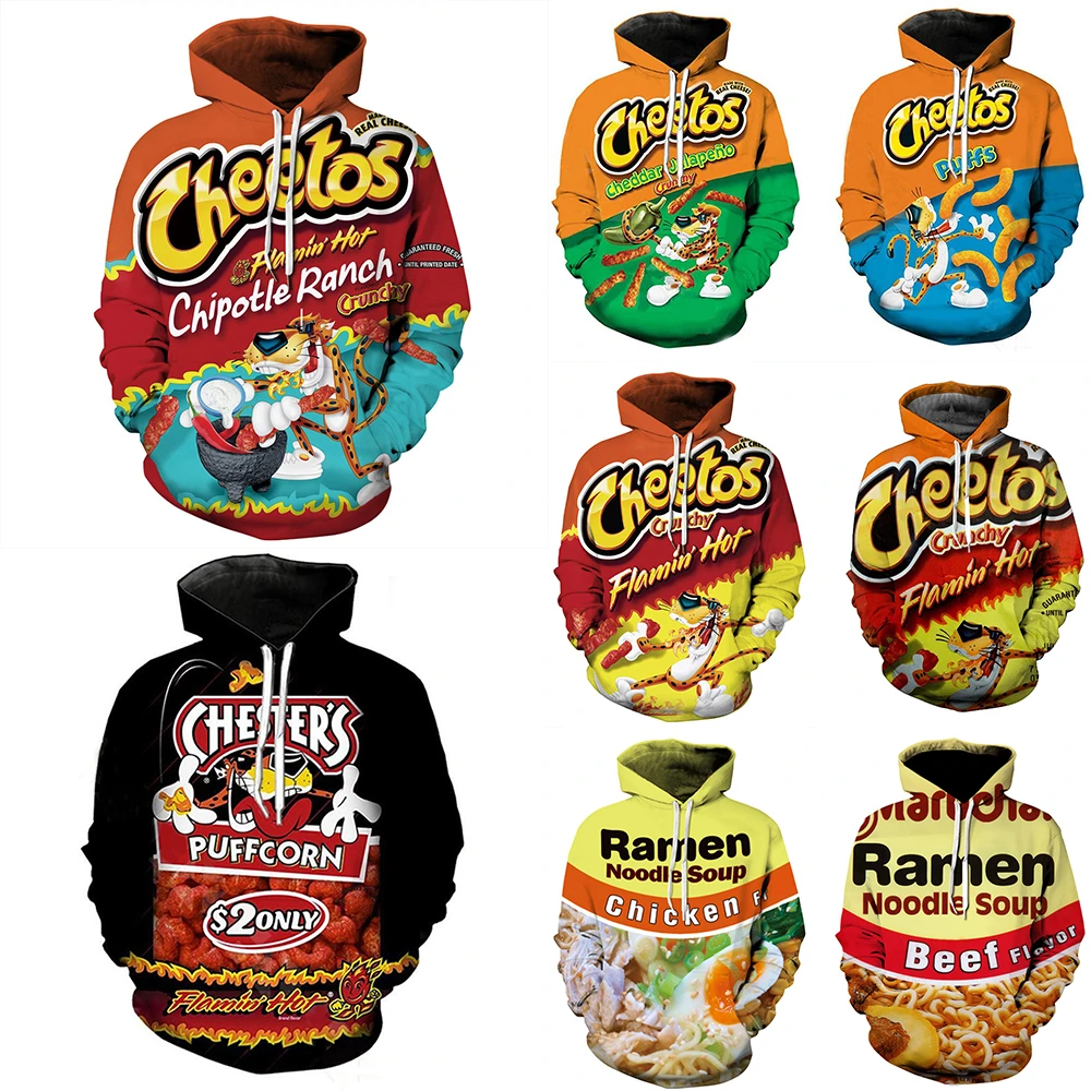 2021 spring and autumn interesting Cheetos ramen noodle soup 3D printed sports hoodies men and women hooded sportswear pullovers pirate costume women