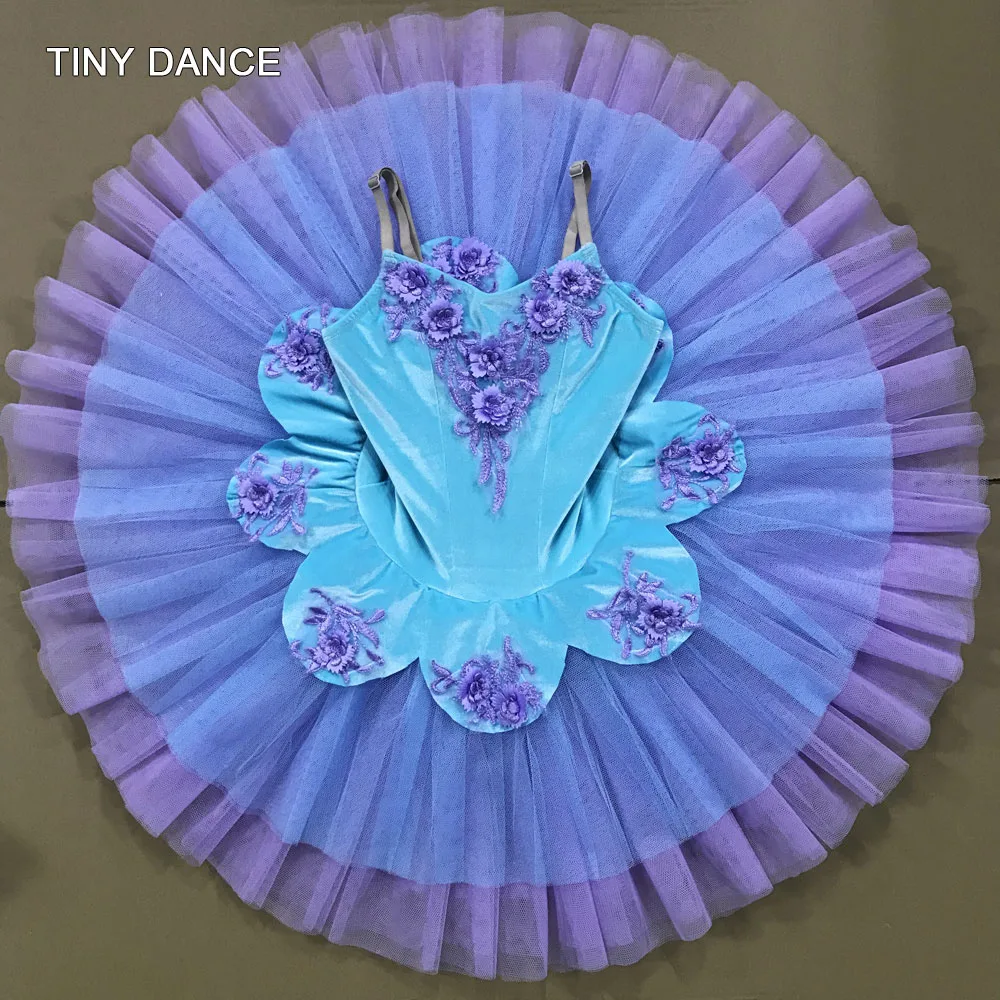 

Aqua Blue Professional Tutu Velvet Bodice with Mauve 7 Layers Pleated Tulle Ballet Pancake Tutu for Performance Costumes BLL140