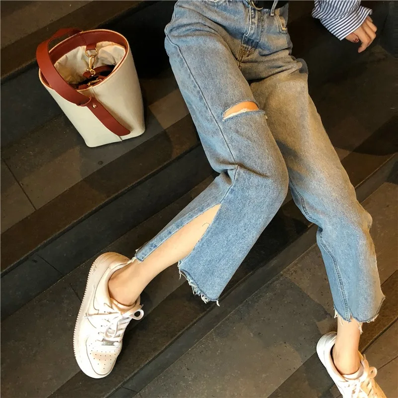 Фотосессий! Брюки в Корейском стиле с разрезом; Прямые брюки с дырками; Брюки-Капри с высокой талией; модные джинсы