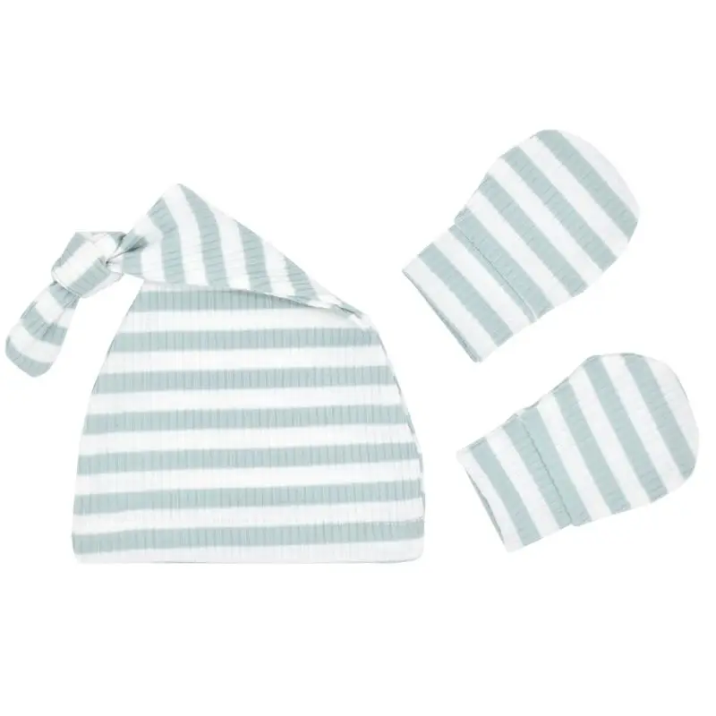 

Newborn Baby Hospital Hat & Mitten Set Infant Stripe Cap Anti Scratch Gloves D0AF