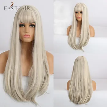 

EASIHAIR Long Straight Mixed White Synthetic Wigs For Women Afro Cosplay Wigs with Bangs Heat Resistant Glueless Natural Wigs