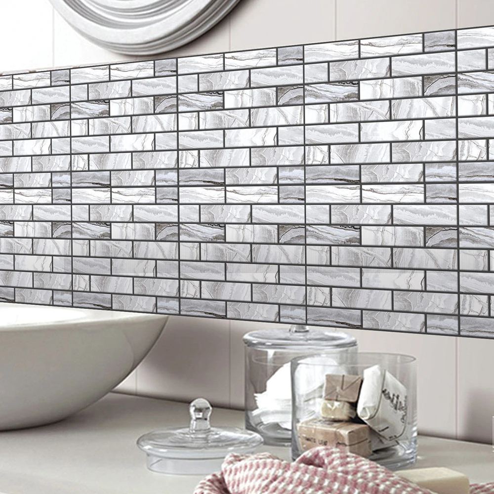 

White Grey Marble Mosaic Peel and Stick Wall Tile Self adhesive Backsplash DIY Kitchen Bathroom Home Wall Decal Sticker Vinyl 3D