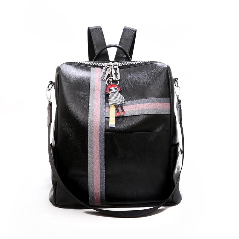 Женские повседневные Рюкзаки в полоску, высокое качество, кожаный рюкзак, Модный милый кулон, черная школьная сумка для девочек, XA507H - Цвет: Black