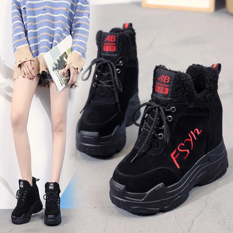 

Spring Autumn Ankle Boots Women Platform Boots Rubber Sole Buckle Black Suede Increase Within High Heels Shoes Woman Comfortable