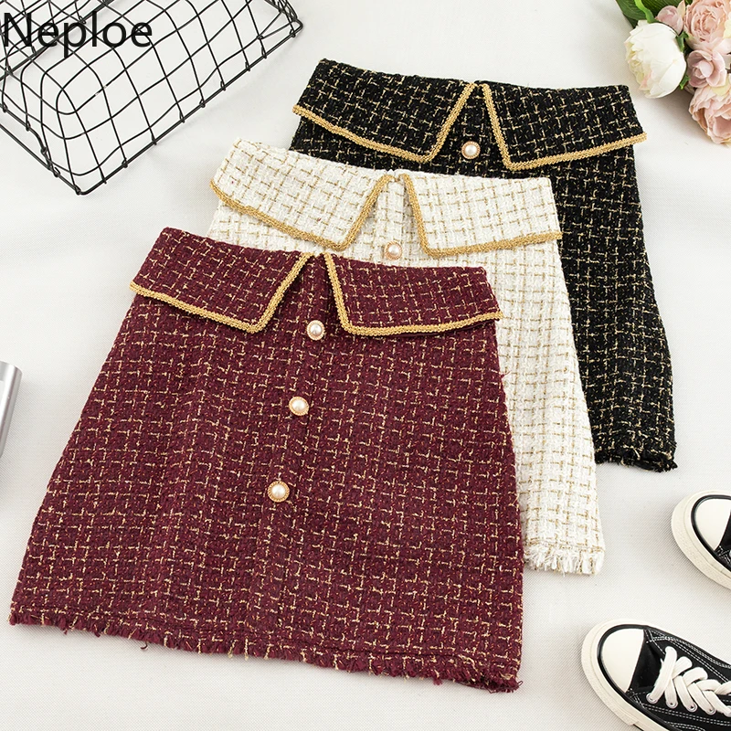 

Neploe Korean Small Fragrant Style Tweed Bright Silk Tassel Skirt Temperament High Waist Bag A Line Hip Jupe Autumn Skirts 45712