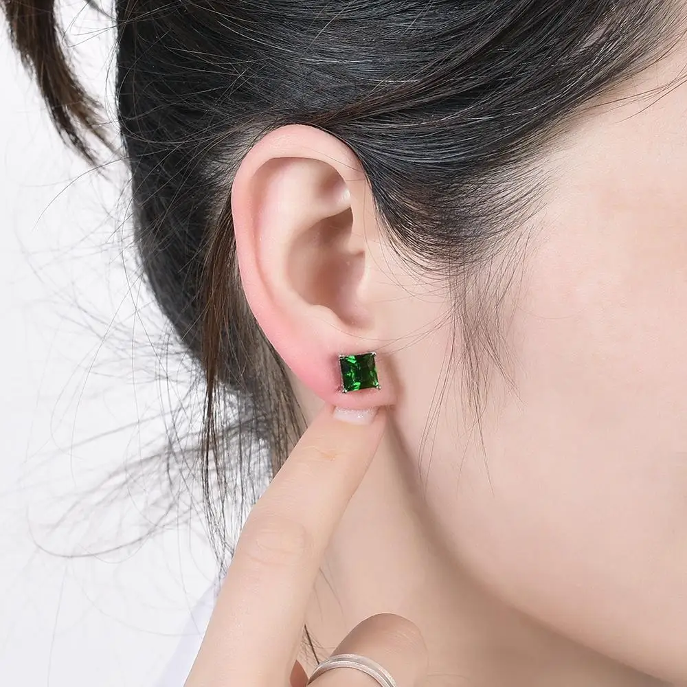 Simple Green Stone Square Stud Earrings For Women Men Princess Crystal Wedding Ear Studs Vintage Bone Earring Mom Jewelry