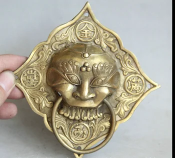 

zhmui880062753<<+++14CM Chinese Brass Fengshui Foo Fu Dog Guardion Lion Mask Door Knocker blessing