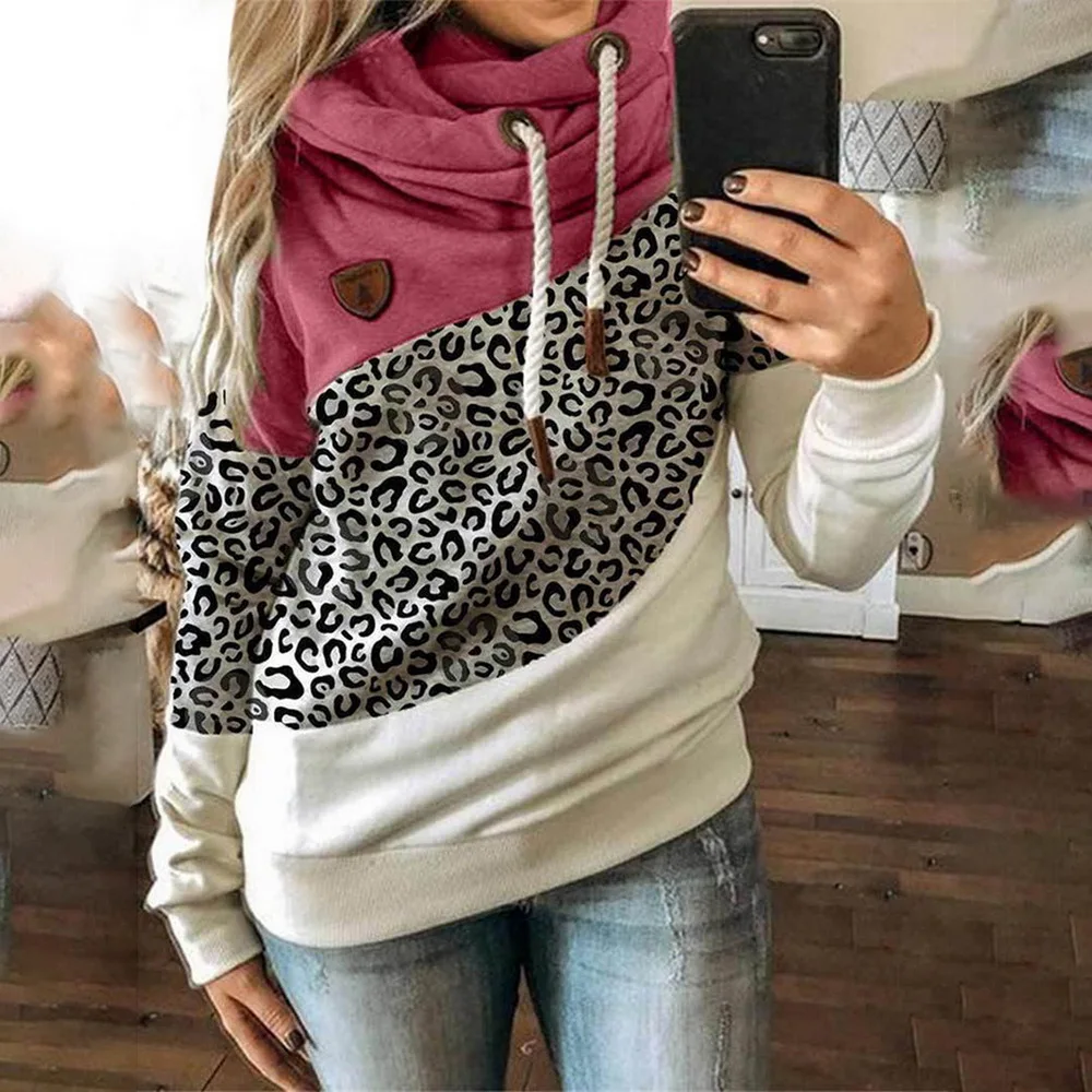 5XL Leopard Patchwork Hooded Sweatshirt Women 2020 Autumn Winter Long Sleeve Hoodies tops Female Drawstring pullovers Harajuku