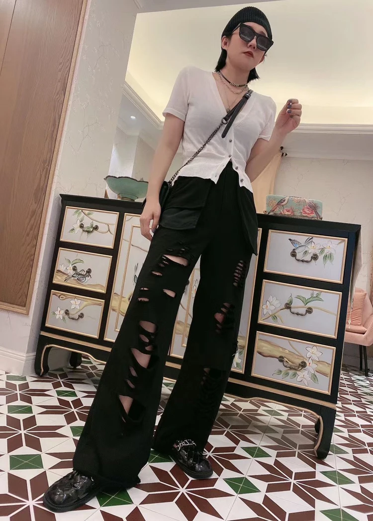 Vefadisa 6 Style Women Holes Wide Leg Pants 2020 Summer Women High Waist Straight Pants Female Plus Size Slim Pants ZQY242B