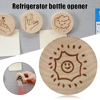 

Spot Multifunction Fridge Magnetic Decoration Wooden Round Shaped Bottle Opener with Cartoon Pattern Cute QP2