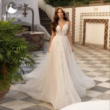 

Aedmgh beach Tulle Wedding Dresses 2022 V- Neck Sleeveless Vestido De Novia A-Line Court Train Appliques Boho Bridal Gowns