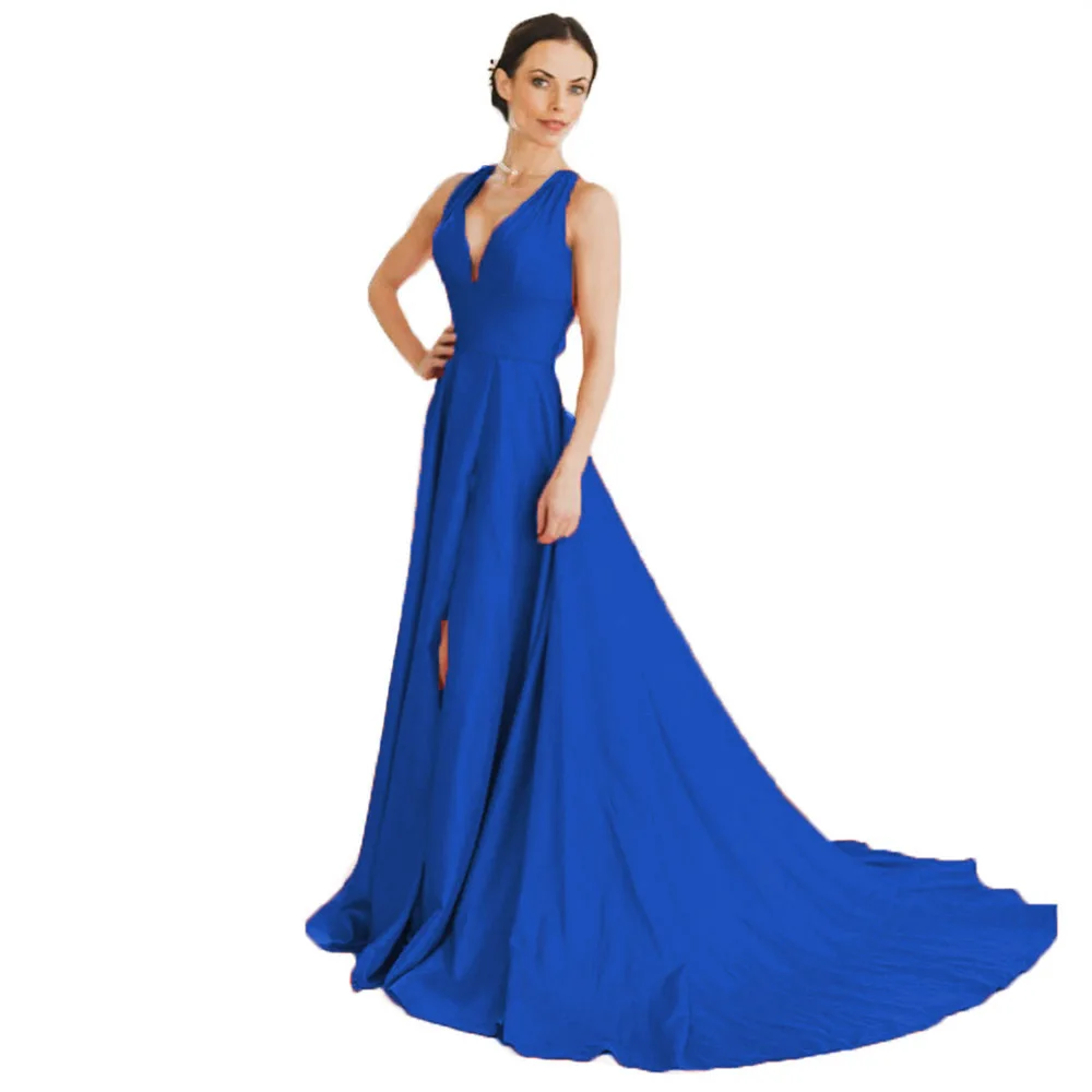 Royal Blue HONGFUYU Chiffon Simple Prom Dresses A-line V Neck Formal Evening Gowns with Slit Sleeveless Party Dress Vestidos Court Train - Цвет: Royal Blue