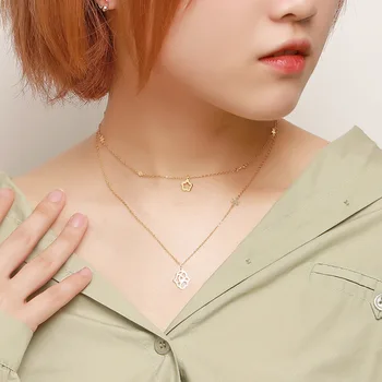 

100% Authentic 925 Sterling silver Double Layered Rows Openwork Lotus & Flower Necklace Station Coin Pendant TLX774