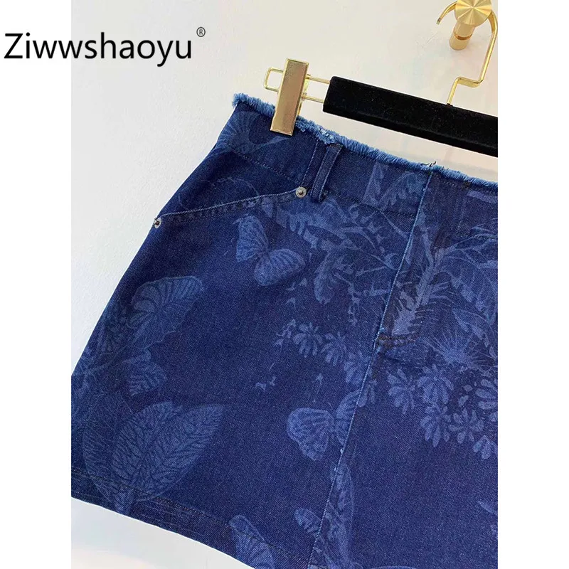 Ziwwshaoyu новая дизайнерская Модная Джинсовая мини-юбка женская Высококачественная юбка трапециевидной формы с принтом