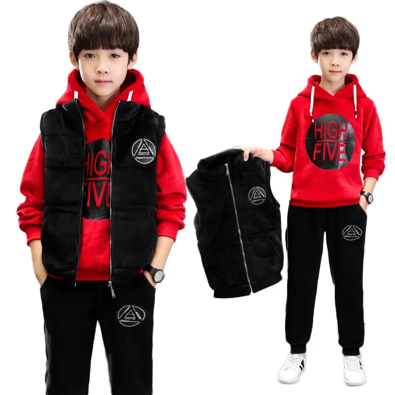 Толстовки с капюшоном для больших мальчиков и От 6 до 14 лет; теплые зимние вельветовые комплекты одежды из 3 предметов с длинными рукавами; повседневные уличные толстовки; комплекты одежды