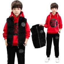 Толстовки с капюшоном для больших мальчиков и От 6 до 14 лет; теплые зимние вельветовые комплекты одежды из 3 предметов с длинными рукавами; повседневные уличные толстовки; комплекты одежды