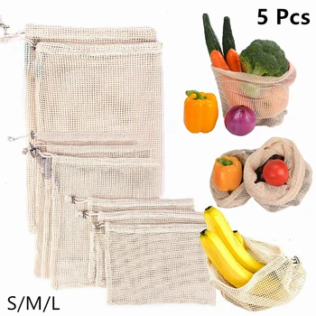

5PCS Reusable Fruit Vegetable Cotton Storage Bags Washable Mesh Bags with Closed Drawstring