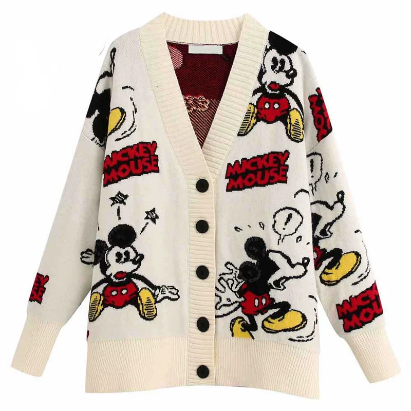 

Disney Fashion Mickey Mouse Cartoon Printed V-Neck Cardigan Single-breasted Streetwear Ladies Sweater White Knit Long Sleeve Top