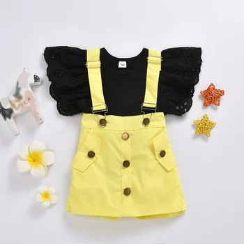

Summer Baby Kids Girl Clothes Flare Sleeve Tops Solid Yellow Color Strap Skirt Suit Fashion Baby Clothes Set