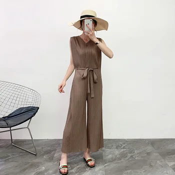 

LANMREM 2020 spring summer new pleated jumpsuits for women clothes drawstring waist casual Wide Leg Pants loose sleeveless YH677
