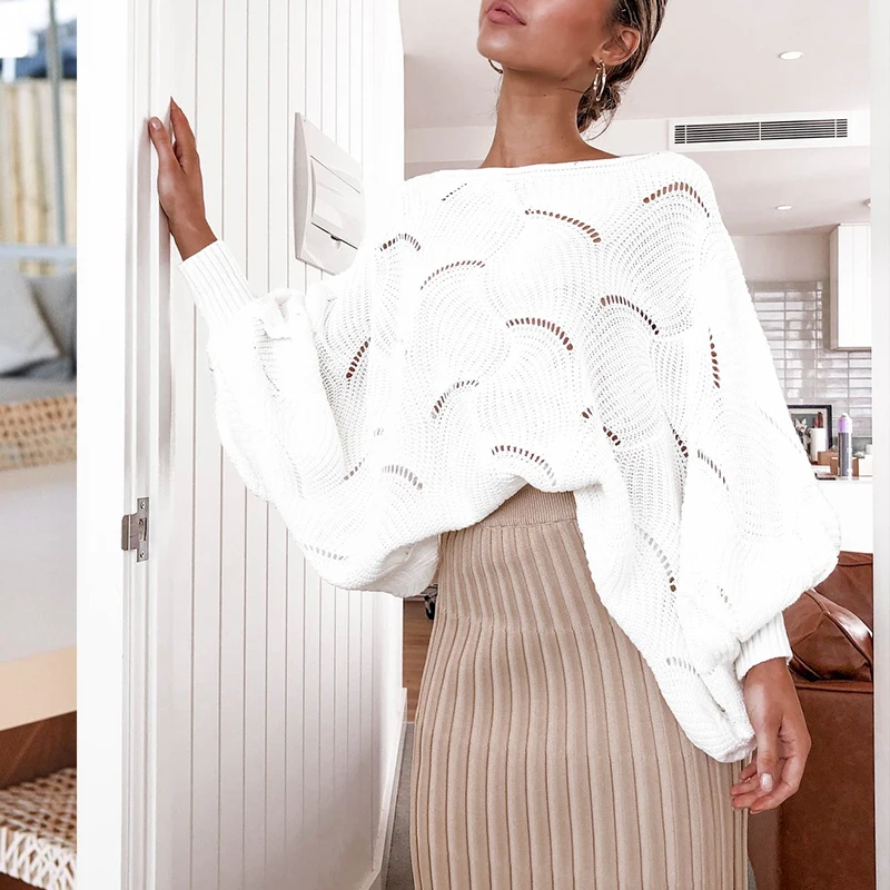 Aartiee Casual ladies o-neck Hollow out sweater women Autumn winter Loose pullovers female Lantern sleeve jumpers White | Женская одежда