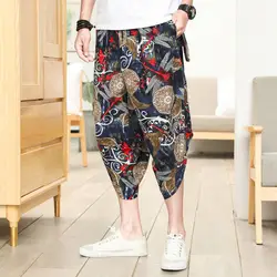 Льняные капри брюки мужские летние новые стильные шаровары в китайском стиле свободные и большие размеры повседневные брюки из хлопка и