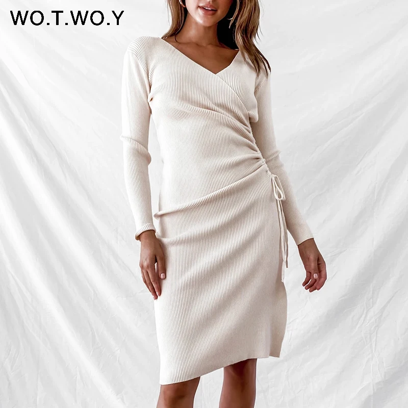 WOTWOY Elegant V-neck Knitted Sweater Dress Women Split Draw String Autumn Dresses Women Solid Slim Fit Long Sweater Female 2020 WOTWOY Elegant V-neck Knitted Sweater Dress Women Split Draw String Autumn Dresses Women Solid Slim Fit Long Sweater Female 2020