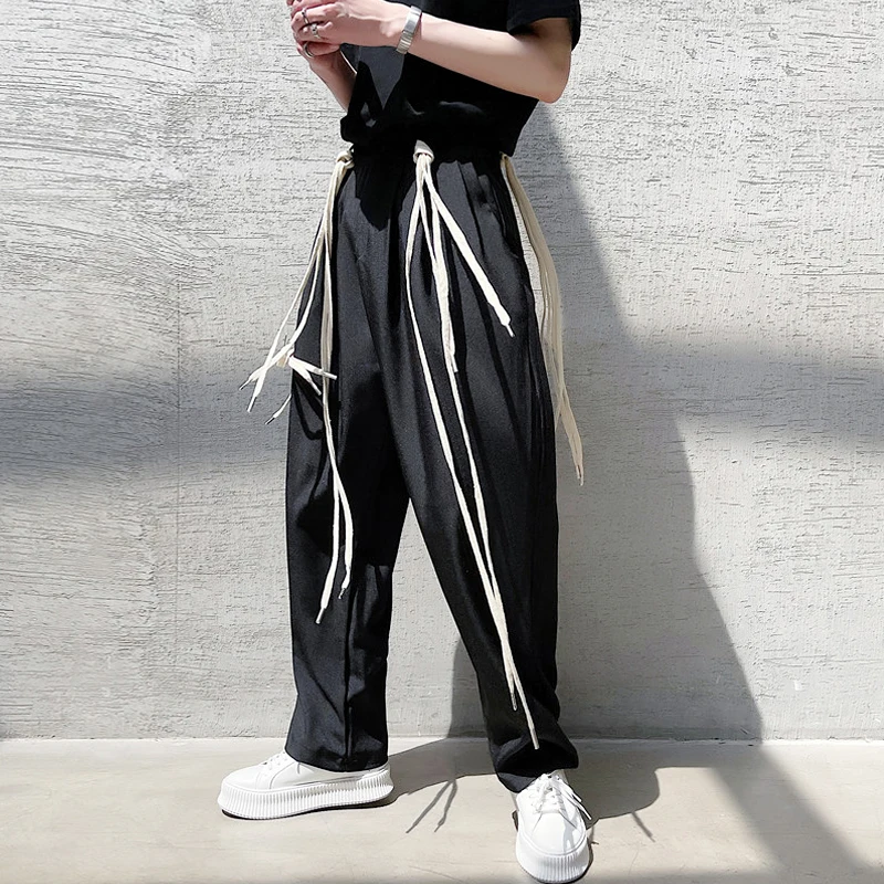 

Large size summer abstinence detachable shoelace ribbon design personalized versatile small trousers men's straight pants