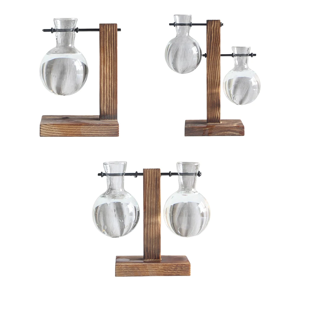 Retro Glass Flowerpot, Clear Glass Bulb Hydroponic Vase with Vintage Wooden Stand for Office Desktop Decoration