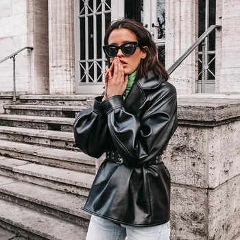 

Black PU jacket Autumn Winter Women Leather Jacket Steetwear Motorcycle Windbreaker Ladies Long Sleeve Sashes Coat Outwear