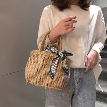 

Retro Women Girls Hollow Straw Handbags Casual Beach Travel Vacation Handmade Woven Drawstring Totes
