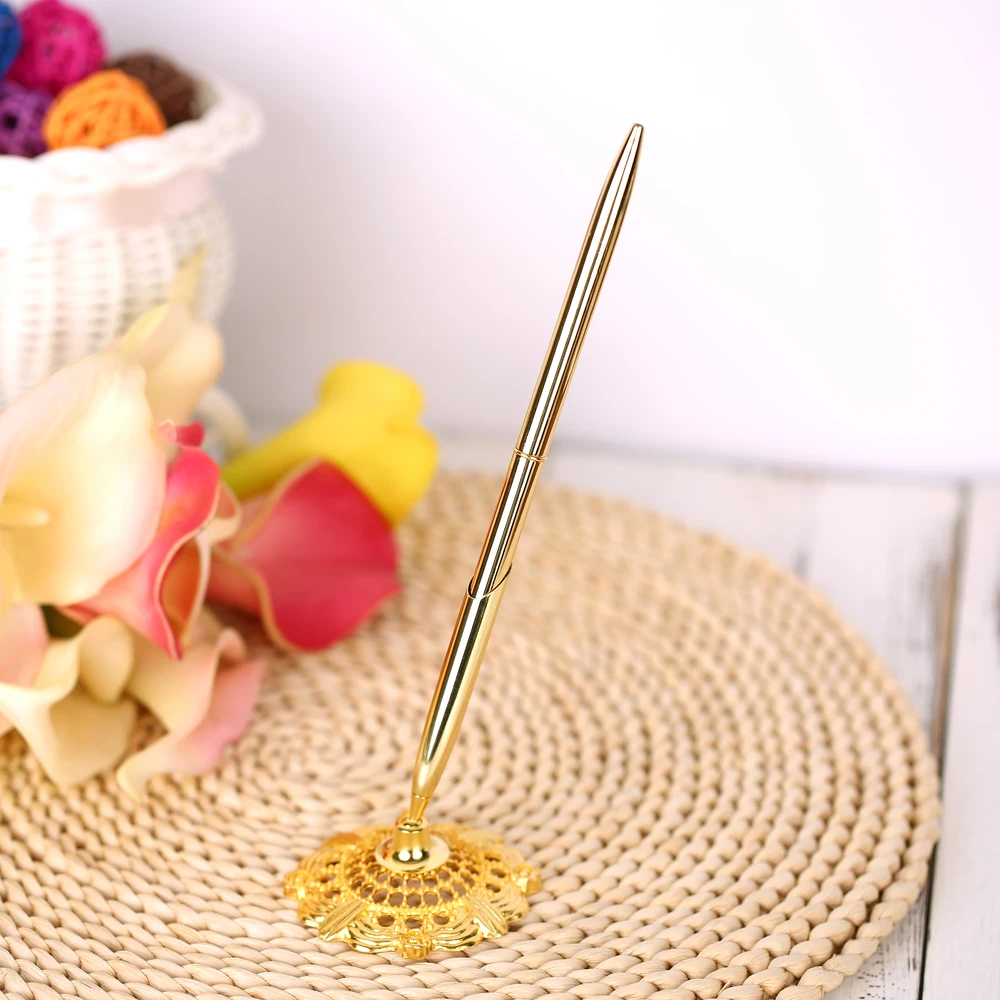 

Wedding Party Guest Book Signing Pen Table Decor Wedding Signing Pen Party Supplies With Hollow Round Pen Holder Gold/Silver