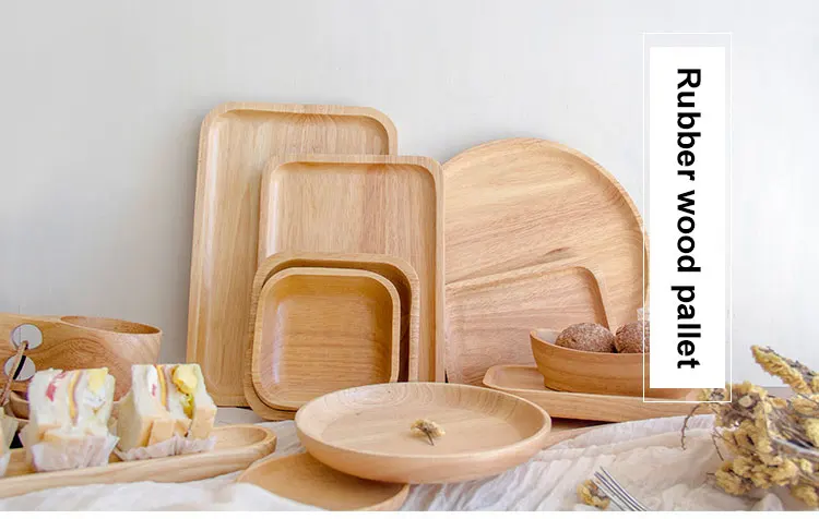 Rubber Wood Round Japanese Dinner Plate Rectangle Serving Tray Beef Steak Fruit Snack Tray Restaurant Food Cutlery Storage Plate