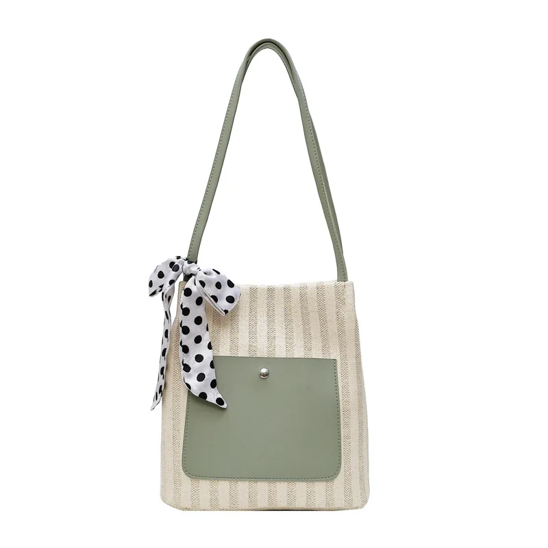 

Ougger Small Women Handbags Shoulder Bags Summer Green Straw Latest Model Fresh Style Striped Bags with Scarves for Seaside