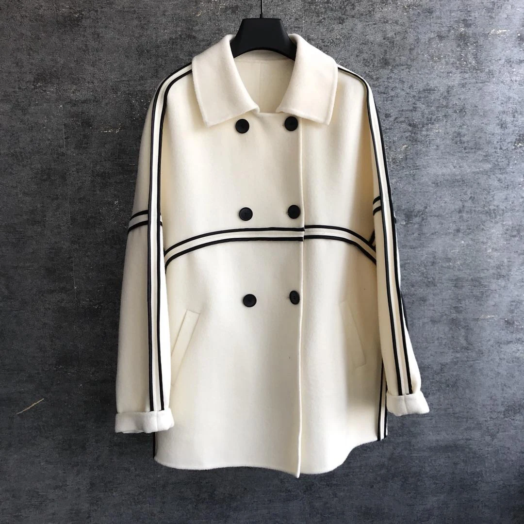 

2019 new ladies fashion high quality bat long sleeve double breasted wool coat 0912