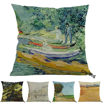 

French famous painter Painting art Bank of the Oise at Auvers Cotton and linen square pillow case Cushion cover Home pillowcase