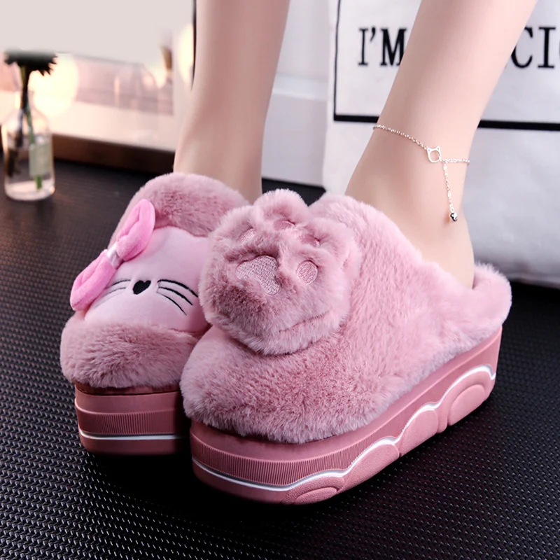 

Women Slippers Winter Warm 5cm High Heels Cartoon Cat Bow Thick Bottom Fur Platform Slippers Ladies Home Indoor Outdoor Shoes
