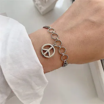 

POFUNUO 925 Silver Women Vintage Style Plane Charm Bracelet Female Fashion Make Old Distressed Circle Bracelets Handmade Weave