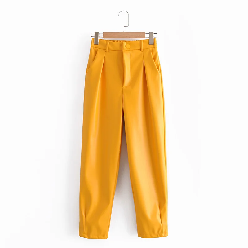 Brand New PU Leather Loose Pants Women Fashion Faux Leather Trousers Yellow Elegant Pockets Zipper Button Pant Female Ladies gloria vanderbilt capris Pants & Capris