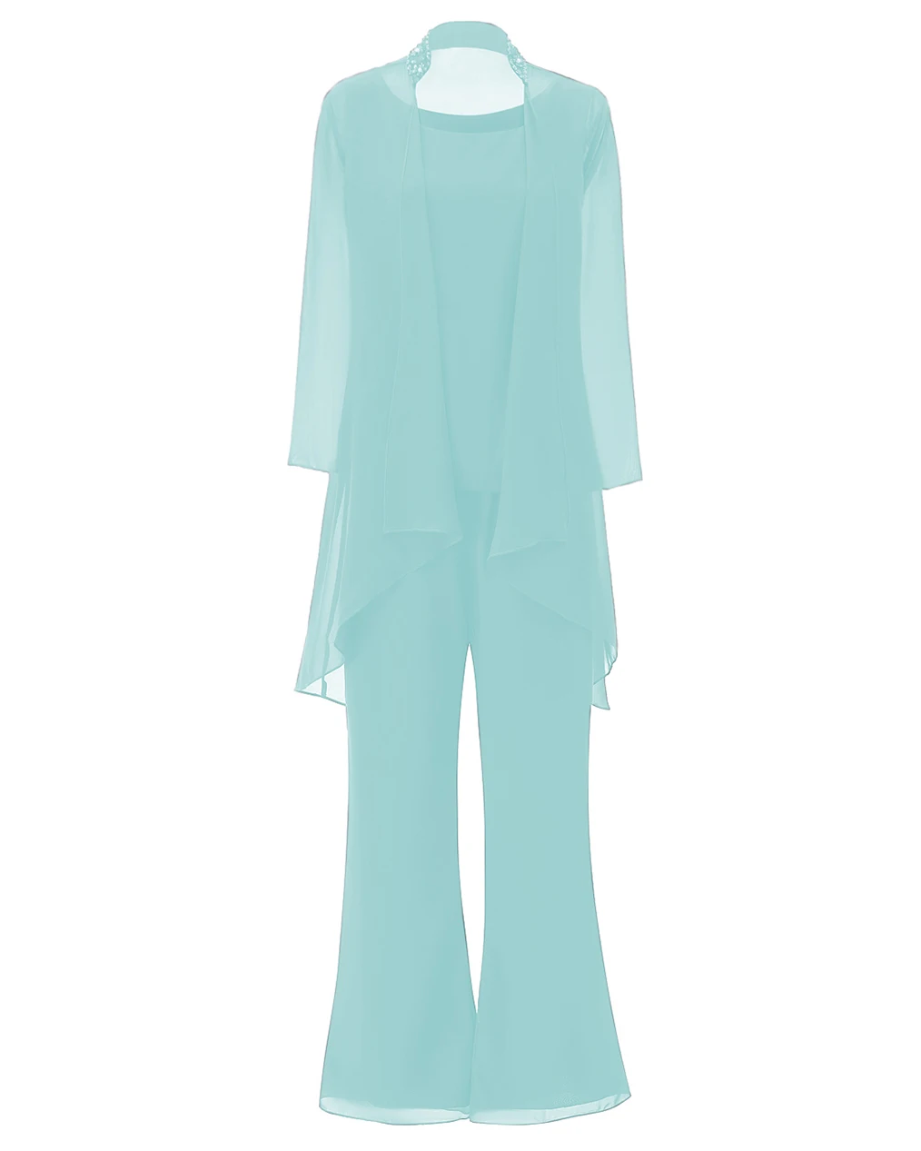 Light Blue SOLOVEDRESS, Модный женский шифоновый костюм с бусинами, 3 предмета, платье для матери невесты, брючный костюм с длинными рукавами, куртка, наряд, SL-M18 - Цвет: Light Blue