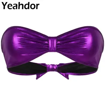 

Women Shiny Metallic Tube Crop Top Wrapped Chest Ruffle Front Bandeau Strapless Bra Top Bikini Beachwear Femme Sexy Lingerie