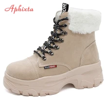 Aphixta Platform Shoes Winter Snow Boots Women Ankle Boots Letter Lace-up Bottes Femme Cloth Shoes Women Platform Boots