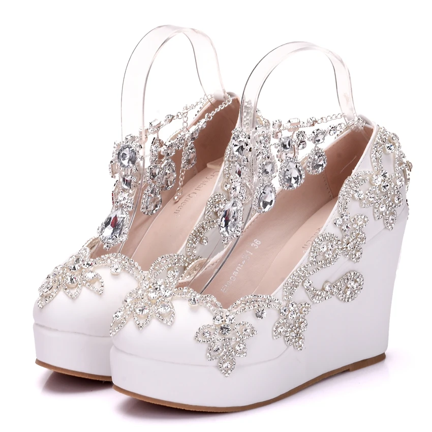 Свадебная обувь для невесты со стразами; женские туфли с ремешком на лодыжке; туфли-лодочки на высокой платформе и высоком каблуке