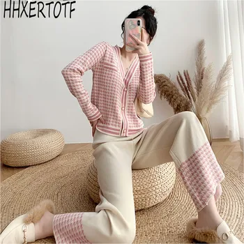 

Autumn winter Women Knit Houndstooth Cardigan Sweater Coat+ High waist Wide Leg Pants Sets